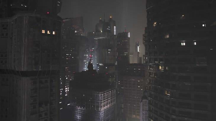 Set de película rascacielos en miniatura vista de los edificios