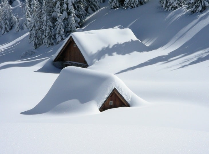 24. Dos cabañas de madera completamente cargadas de nieve