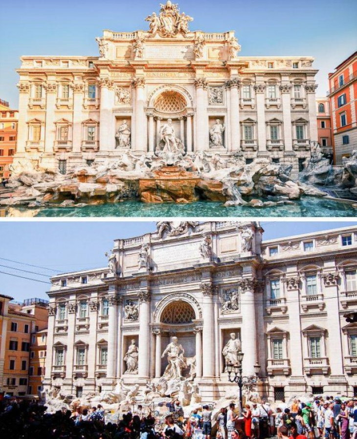 Expectativas Vs. Realidad Destinos Turísticos Fontana de Trevi, Roma, Italia