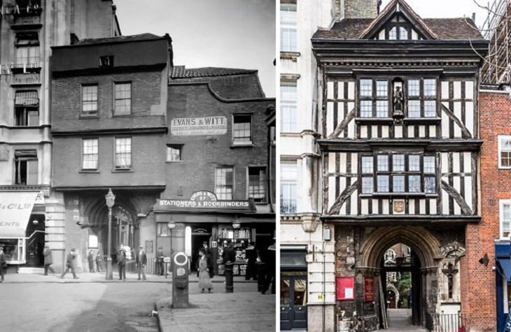 Fotos Antes y Ahora Esta es la puerta de entrada de San Bartolomé de Londres, Reino Unido. Fue construida en 1595 y en algún momento fue tapiada. La estructura también fue bombardeada durante una incursión de la Primera Guerra Mundial y luego fue restaurada. Las dos fotos a continuación son de 1916 y 2020.
