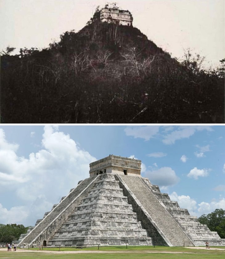 Fotos Antes y Ahora Chichén Itzá, una enorme y antigua ciudad maya en ruinas, en 1892 (arriba) y hoy (abajo).