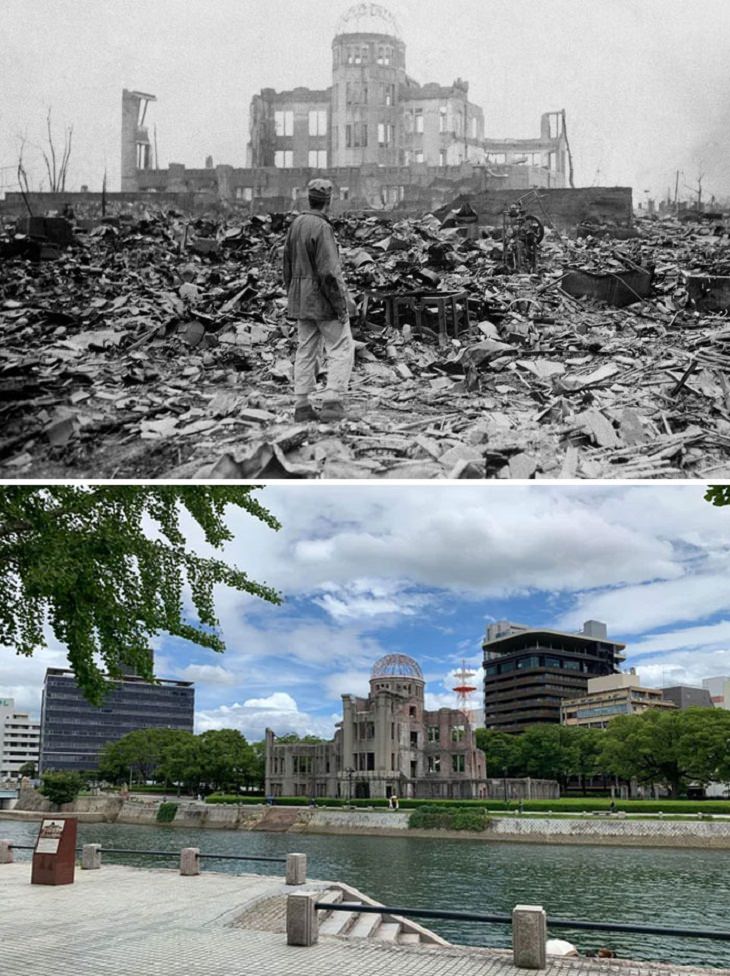 Fotos Antes y Ahora El sitio de la Cúpula de la Bomba Atómica: aquí es donde se lanzó la primera bomba atómica en la historia de la humanidad en Hiroshima el 6 de agosto de 1945. Estas dos fotografías fueron tomadas con 75 años de diferencia.