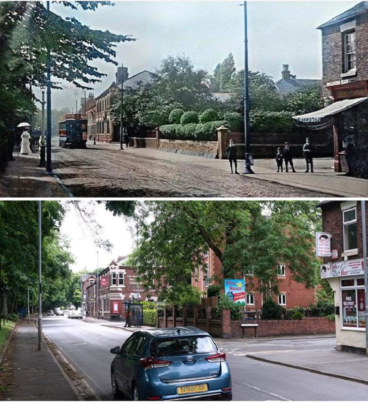 Fotos Antes y Ahora Estas dos fotografías, tomadas con 100 años de diferencia, son del mismo lugar en un pequeño pueblo de Trent, Reino Unido.
