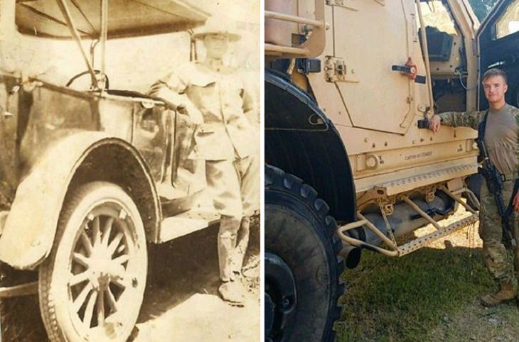 Fotos Antes y Ahora Un joven soldado (derecha) posa en el mismo lugar en Louisiana, EE. UU., En 2017, donde lo hizo su bisabuelo, un veterano, (izquierda) en 1917.