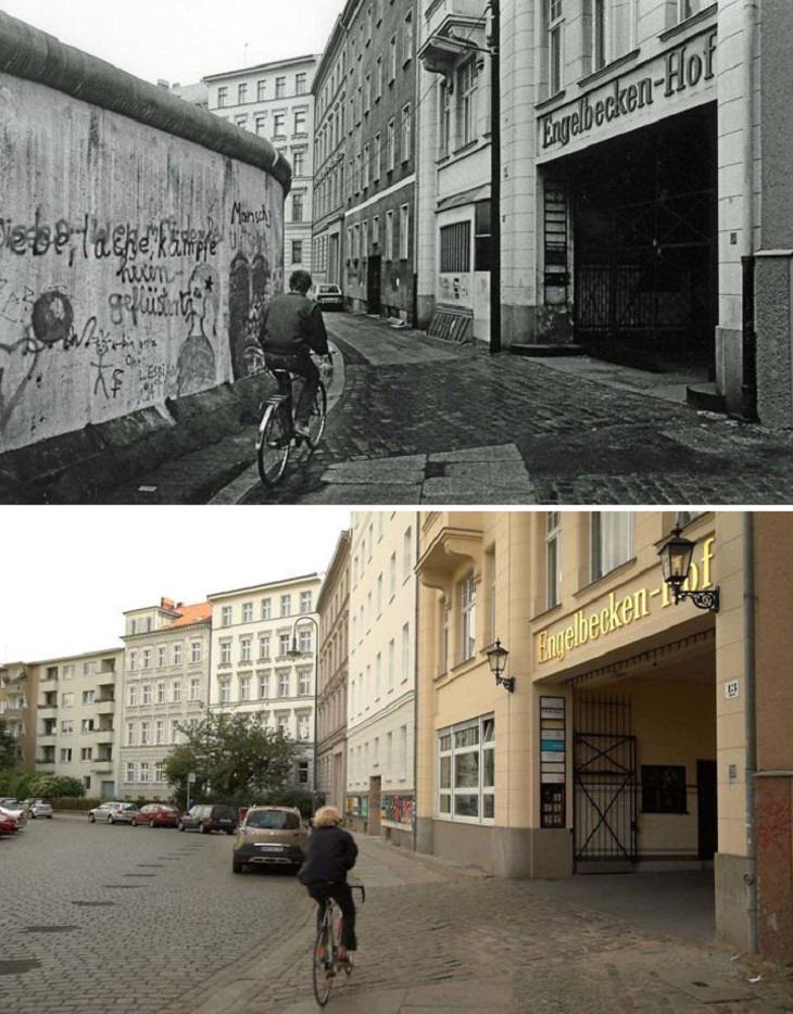 Fotos Antes y Ahora Paseo en bicicleta en el mismo lugar en Kreuzberg, Berlín, en 1985 y 2018.