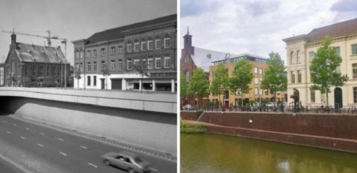 Fotos Antes y Ahora Utrecht, Holanda - 1982 vs. 2020. Sorprendentemente, convirtieron la carretera en un canal. Una de las raras ocasiones en las que el cambio ha sido para mejor.