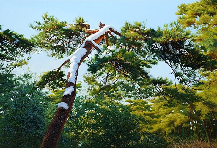 Pinturas De An Jung-hwan Nieve en un árbol