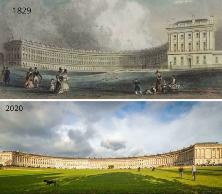 The Royal Crescent (construido en 1774), Bath, Reino Unido - 1829 y 2020
