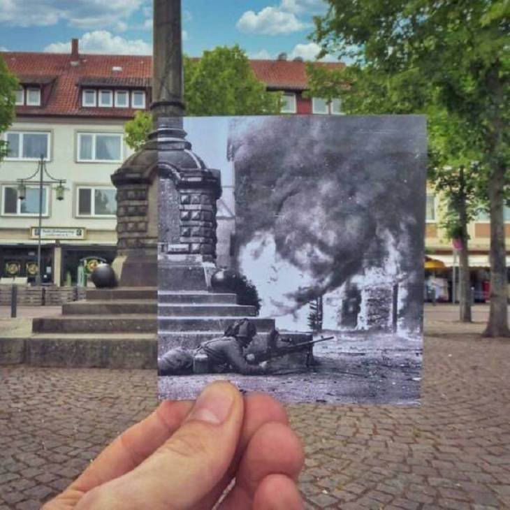 Una plaza de la ciudad de Uelzen, Baja Sajonia, Alemania - durante la Batalla del Rin, abril de 1945 y en 2021