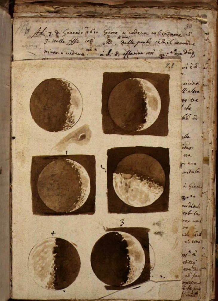 Objetos Antiguos el primer dibujo de la luna creado por Galileo Galilei