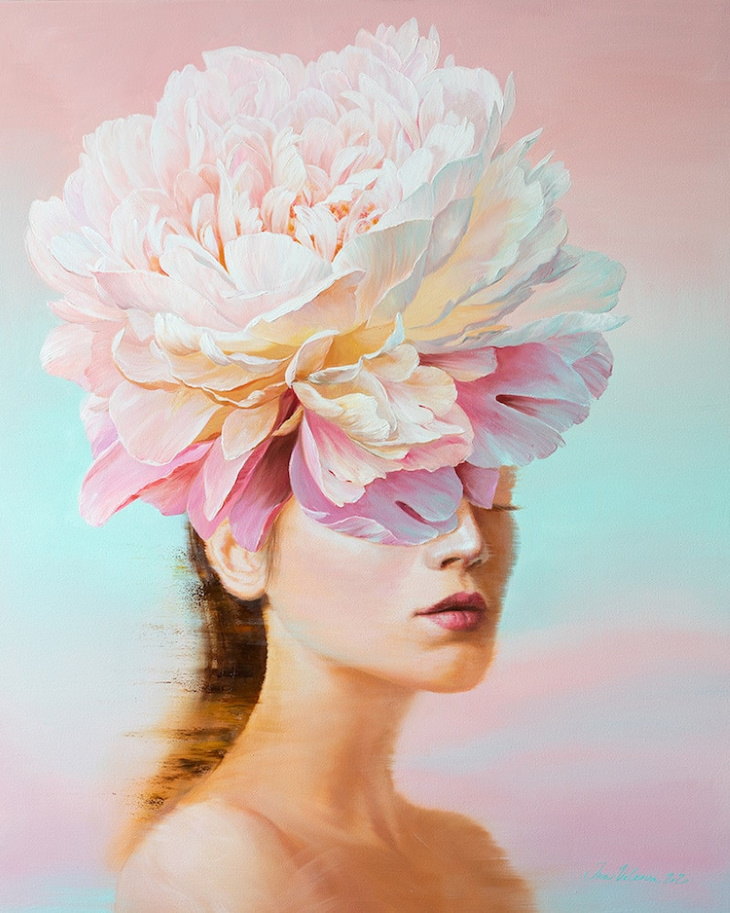 Pinturas Florales De Ira Volkova Mujer con flores en la cabeza