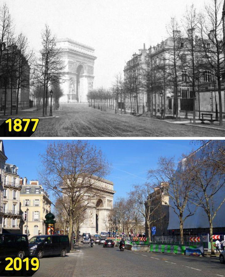Destinos turísticos de entonces y de ahora Avenida de Iéna con vistas al Arco del Triunfo, París, Francia.
