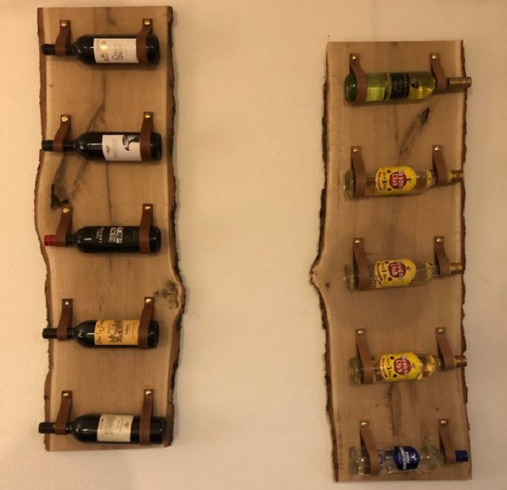Arte En Madera Estantes para vino hechos con correas de cuero y tablas de madera
