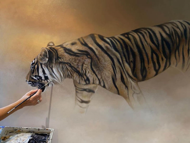 Pinturas Acrílicas De Grandes Felinos Artista pintando un tigre