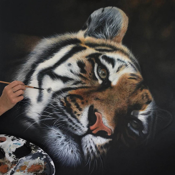 Pinturas Acrílicas De Grandes Felinos Artista pintando un tigre 