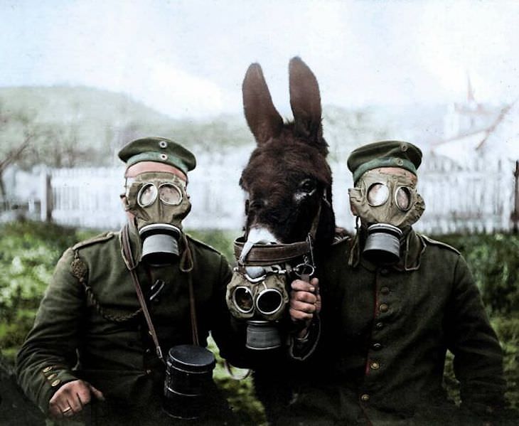 Fotos Extrañas a Color Dos soldados con máscaras antigás durante la Primera Guerra Mundial