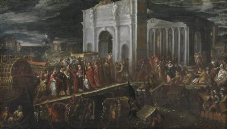 Recepción del Duque de Anjou por el Patriarca de Venecia en San Nicola Di Lido, por Andrea Michieli (1564 - 1600)