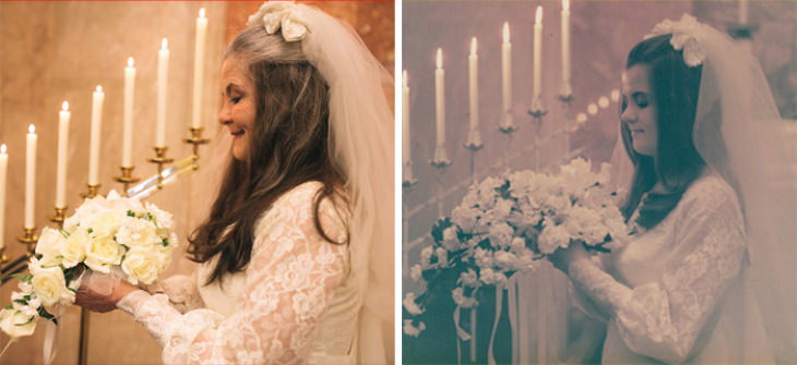 Pareja Recrea Sus Fotos De Boda En Su Aniversario 50 Ramo de novia