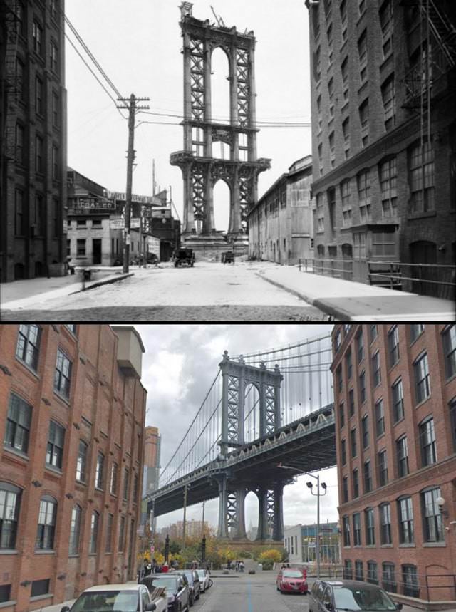  Increíbles Fotos De Cómo El Tiempo Lo Transforma Todo El puente de Manhattan no terminado en 1908 frente a 2021