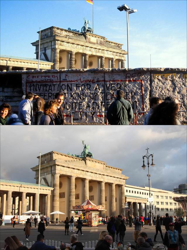  Increíbles Fotos De Cómo El Tiempo Lo Transforma Todo La misma vista en la Puerta de Brandeburgo antes y después de la caída del Muro de Berlín