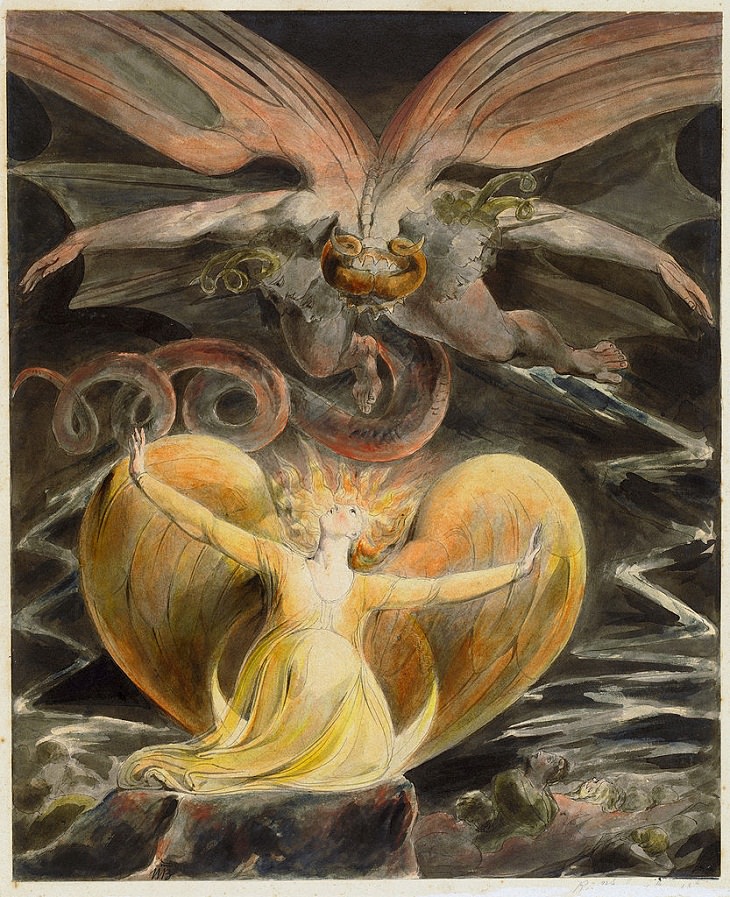 Pinturas De William Blake  "El gran dragón rojo y la mujer vestida de sol" (entre 1805 y 1810)