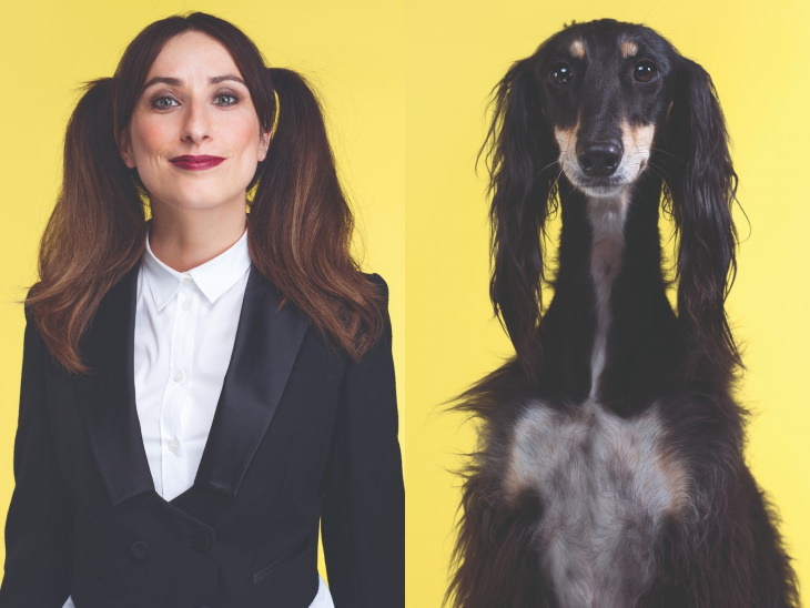 Divertidas Fotos De Perros Que Se Parecen a Sus Dueños Mujer con dos coletas en el cabello y su perro