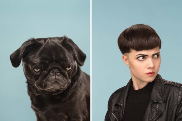Divertidas Fotos De Perros Que Se Parecen a Sus Dueños Chica de cabello corto y su perro pug