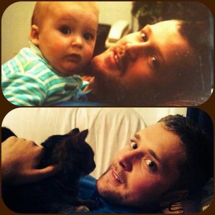 22 Fotos De Hijos Que Parecen Clones De Sus Padres papá con bebé e hijo con gato