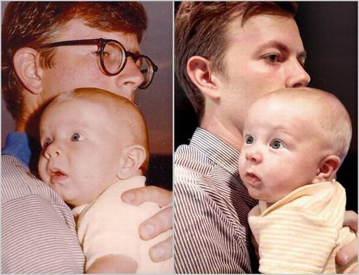 22 Fotos De Hijos Que Parecen Clones De Sus Padres papá sostiene a su bebé