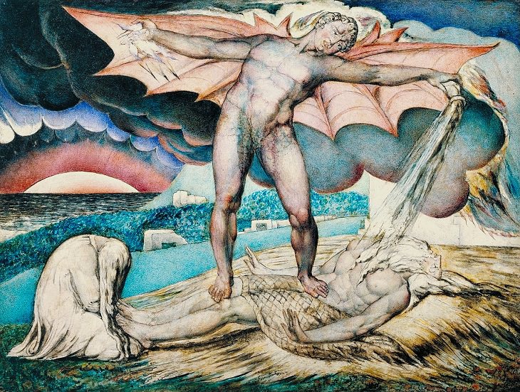 7 Artistas Pioneros De La Acuarela William Blake "Satanás golpea a Job con dolorosos forúnculos", 1826.