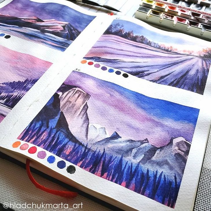 Pinturas En Acuarela De La Naturaleza Montañas color púrpura