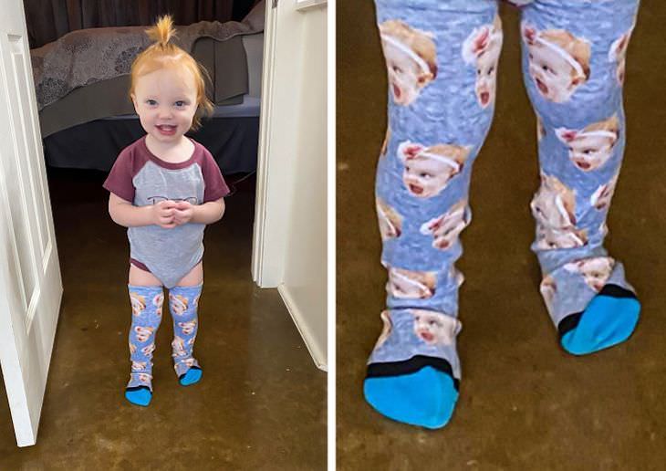 14 Fotos Divertidas Sobre La Paternidad Niña con calcetines con caras
