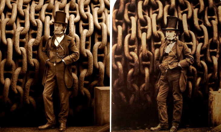  Personajes Históricos y Sus Descendientes Isambard Kingdom Brunel, un retrato de Robert Howlett, 1857 (derecha) e Isambard Thomas, su tercer bisnieto (izquierda)