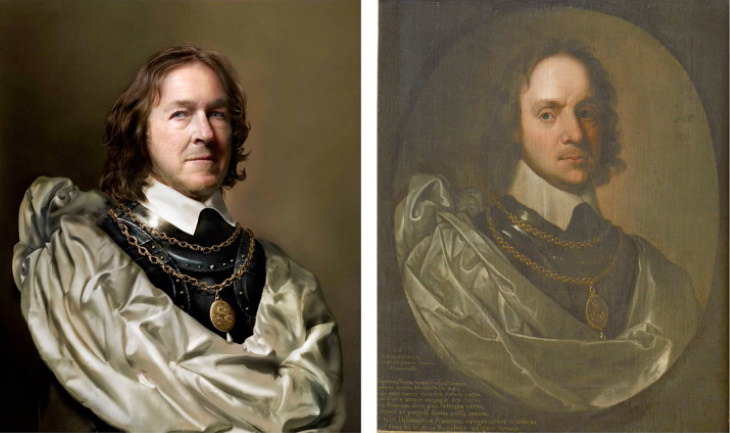  Personajes Históricos y Sus Descendientes Oliver Cromwell, un retrato de Robert Walker, 1653-1654 (derecha) y Charles Bush, su noveno bisnieto (izquierda)