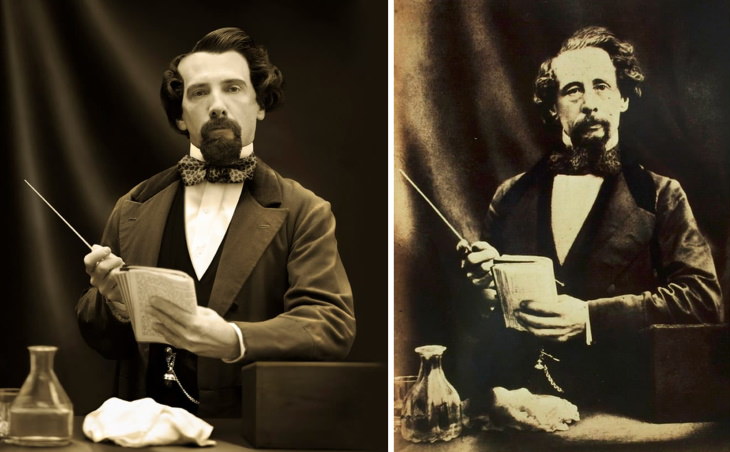  Personajes Históricos y Sus Descendientes Charles Dickens, un retrato de Herbert Watkins, 1858 (derecha), y Gerald Charles Dickens, su tataranieto (izquierda)