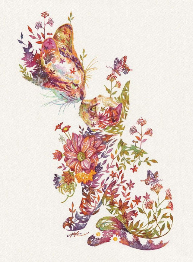 Pinturas De Animales Elaboradas Con Flores Dos gatos juntando sus narices