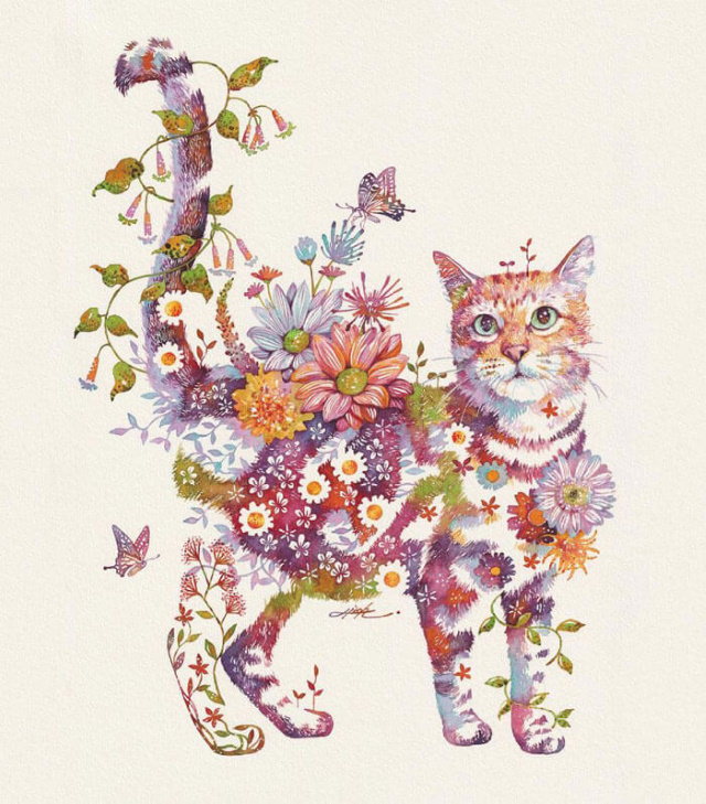 Pinturas De Animales Elaboradas Con Flores Gato y mariposas