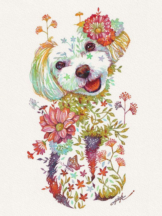 Pinturas De Animales Elaboradas Con Flores Perro sonriendo
