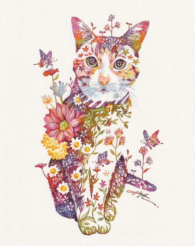 Pinturas De Animales Elaboradas Con Flores Gato con cascabel