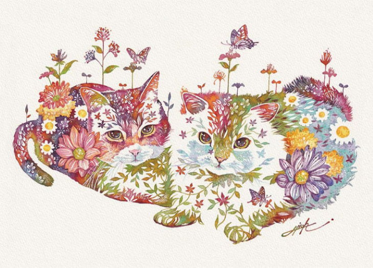 Pinturas De Animales Elaboradas Con Flores Dos gatitos