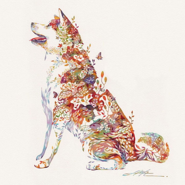 Pinturas De Animales Elaboradas Con Flores Perro mirando 