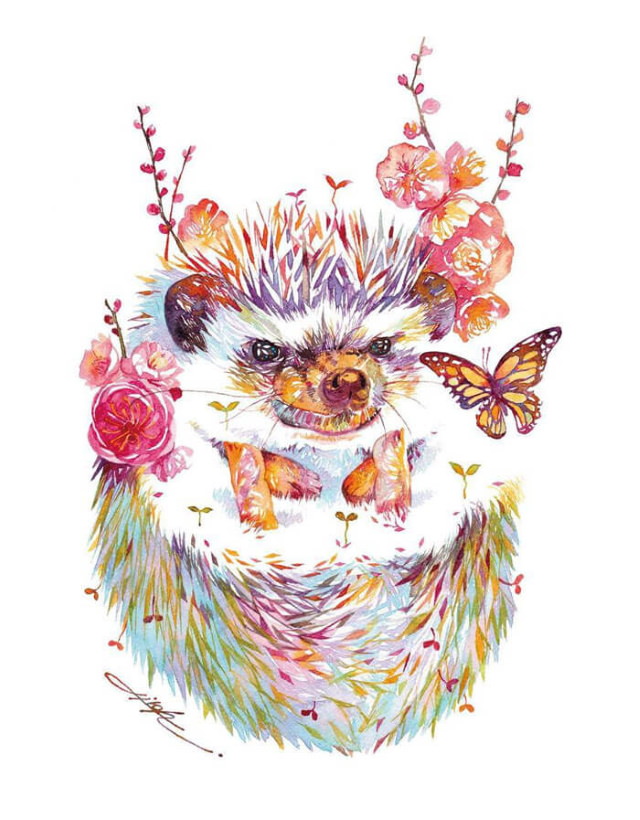 Pinturas De Animales Elaboradas Con Flores Puercoespín 