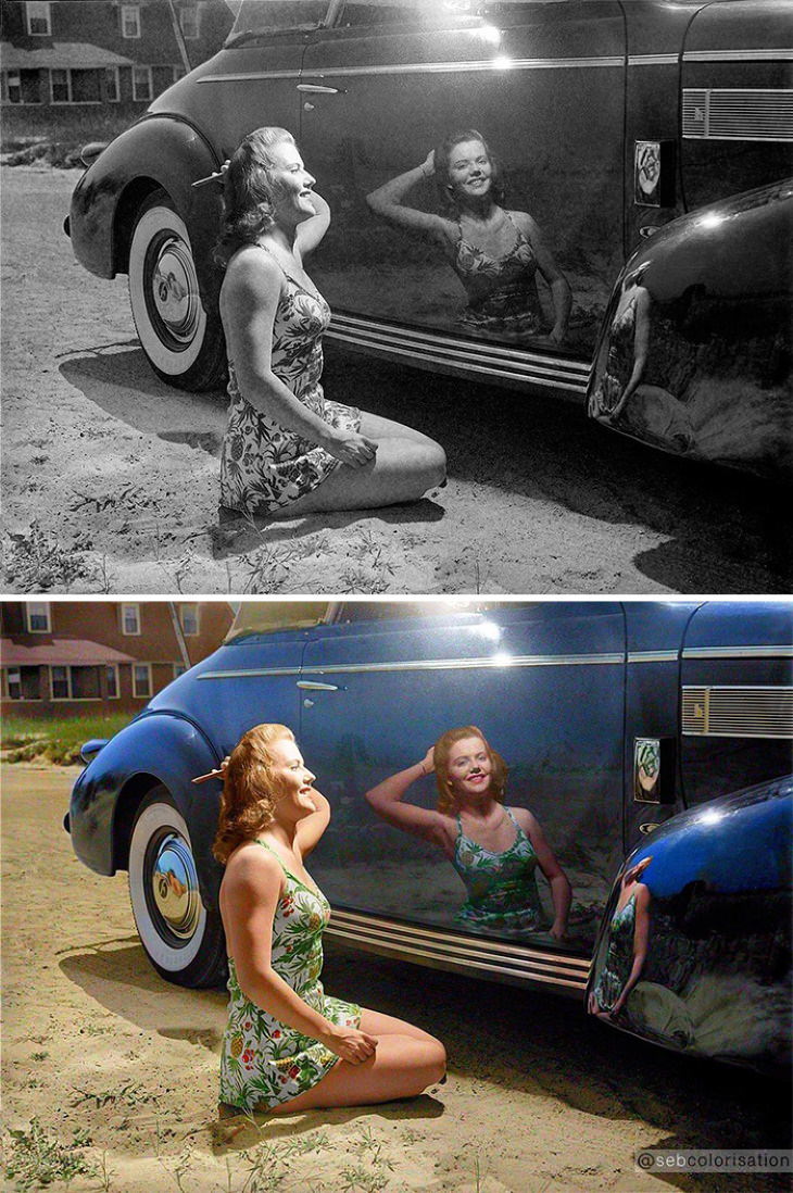 CHermosas Fotografías Del Pasado Mostradas a Color Mujer mira su reflejo en un auto
