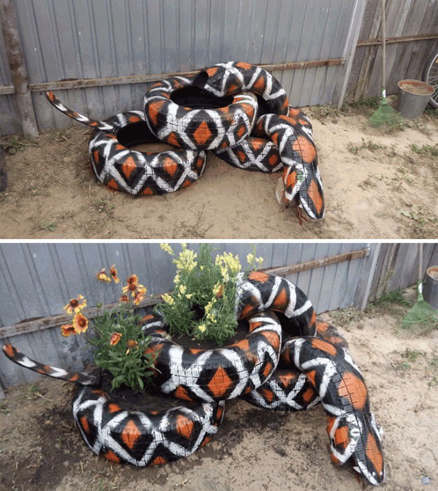 Cosas Sorprendentes Encontradas En Los Jardines Serpiente hecha con neumáticos
