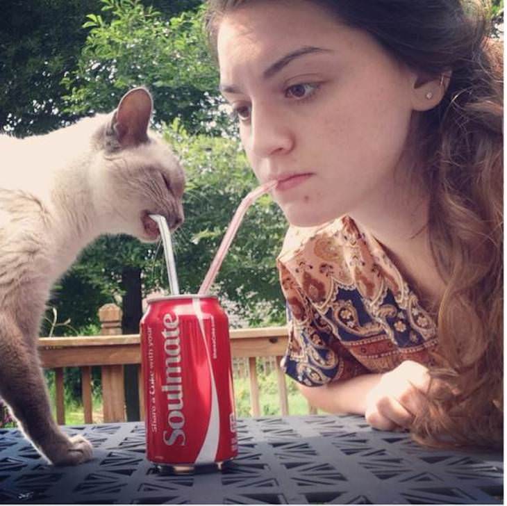 Conmovedoras Fotos Que Demuestran Amor Chica comparte su bebida con un gato