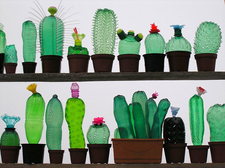 Esculturas Hechas Con Botellas Recicladas Cactus en maceta