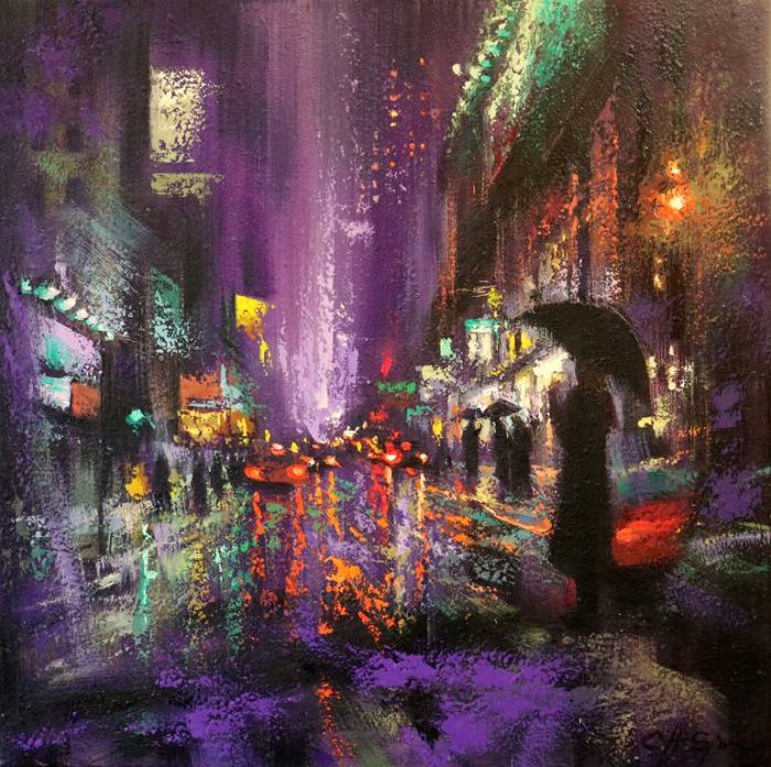 Pinturas Al Óleo Invierno En NY Colores violetas