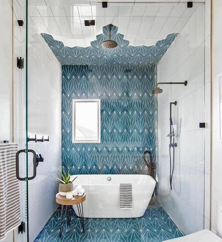Habitaciones Hermosas, Un baño con un impresionante diseño de azulejos geométricos