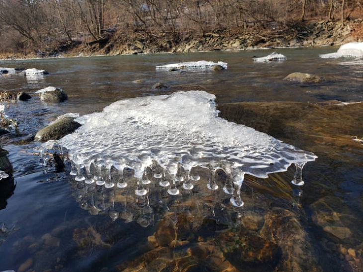 Arte Accidental En La Nieve, formación de hielo en un río