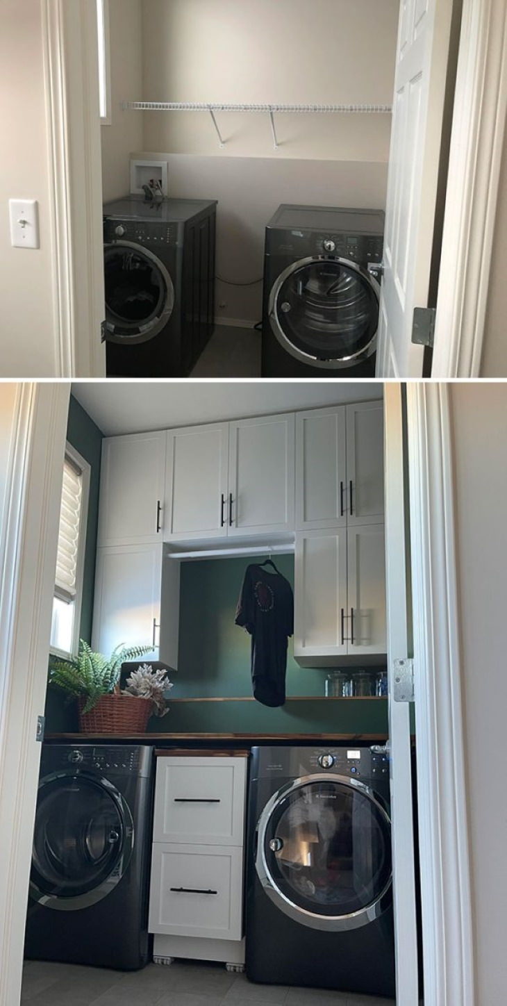 Antes y después de la renovación  en el hogar , cuarto de lavanderia